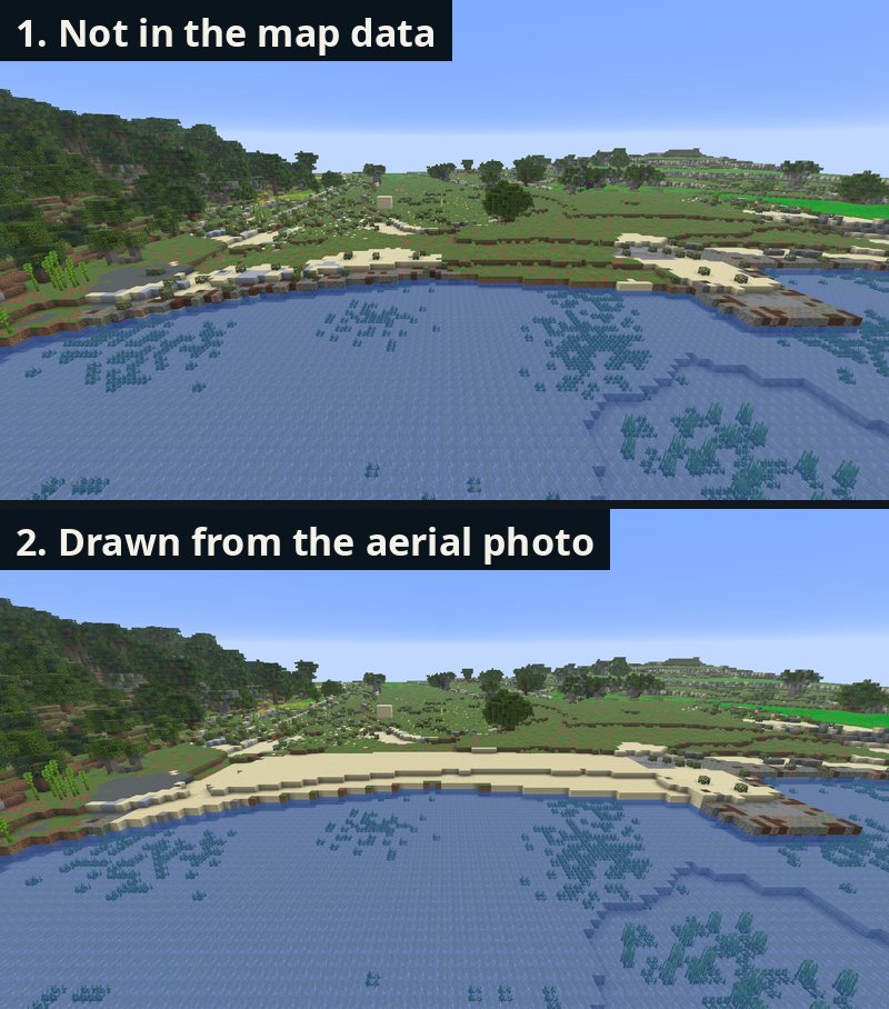 Work in progress (earlier test, not final). Mistra Bay: 1. only scraps of sand, 2. the beach drawn from the aerial photo