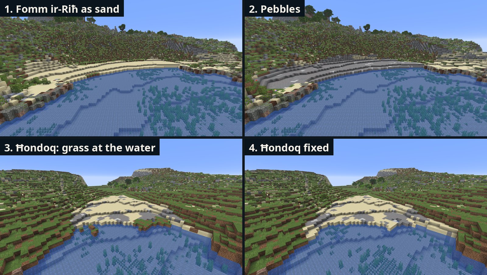Work in progress (earlier test, not final). 1. Fomm ir-Riħ as sand, 2. as pebbles, 3. Ħondoq with grass between beach and sea, 4. Ħondoq fixed