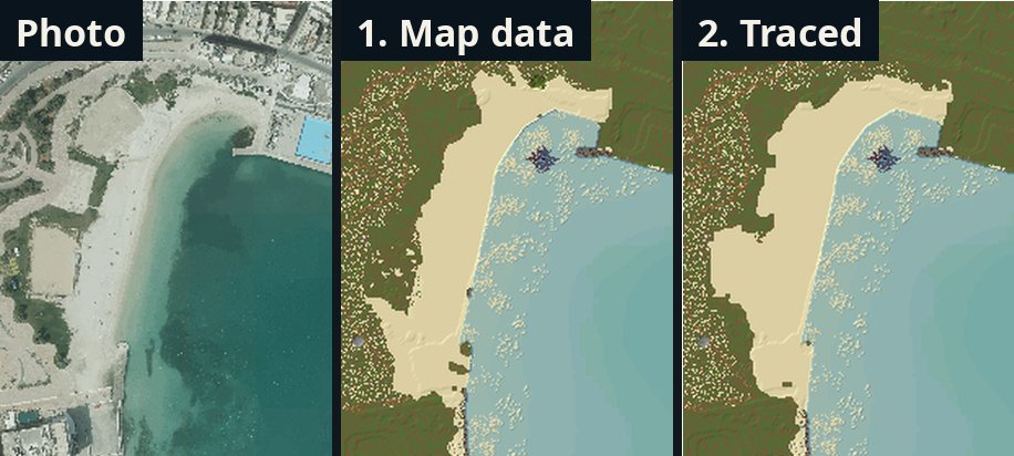Work in progress (earlier test, not final). Pretty Bay: aerial photo (Planning Authority, Malta, 2018), 1. beach from the map data, 2. beach traced on the photo
