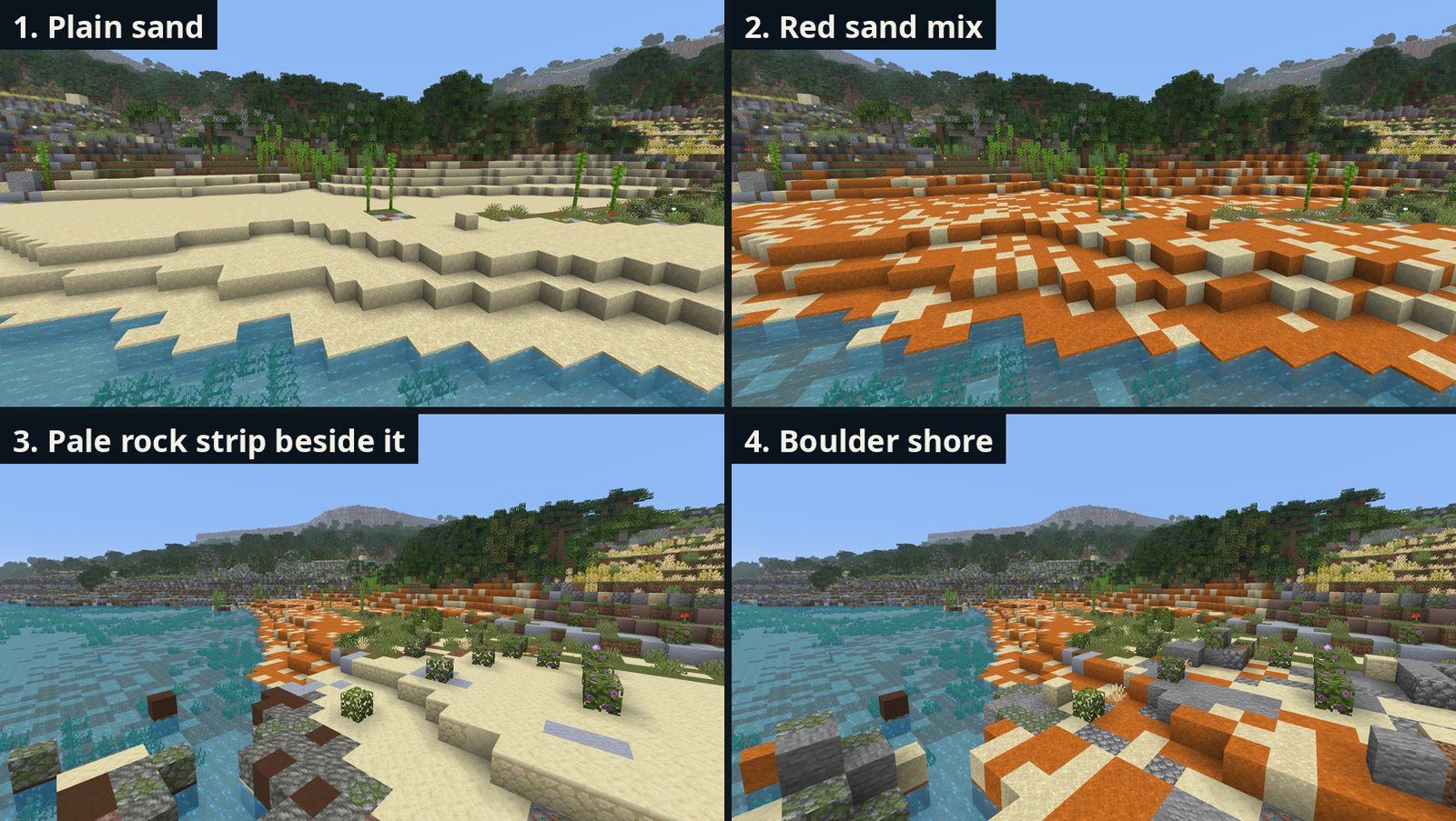 Work in progress (earlier test, not final). San Blas: 1. plain sand, 2. red sand mix, 3. the pale rock strip beside it, 4. the boulder shore