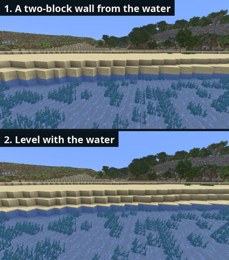 Work in progress (earlier test, not final). Golden Bay from the water: 1. a two-block wall, 2. level with the water