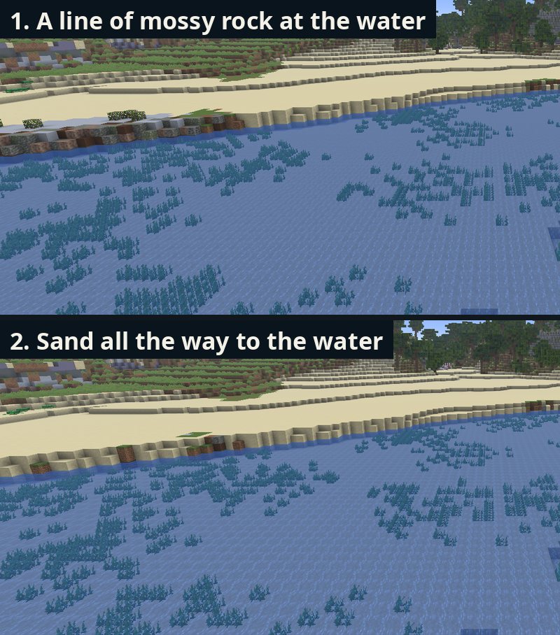 Work in progress (earlier test, not final). Golden Bay: 1. a line of mossy rock at the water, 2. sand to the water