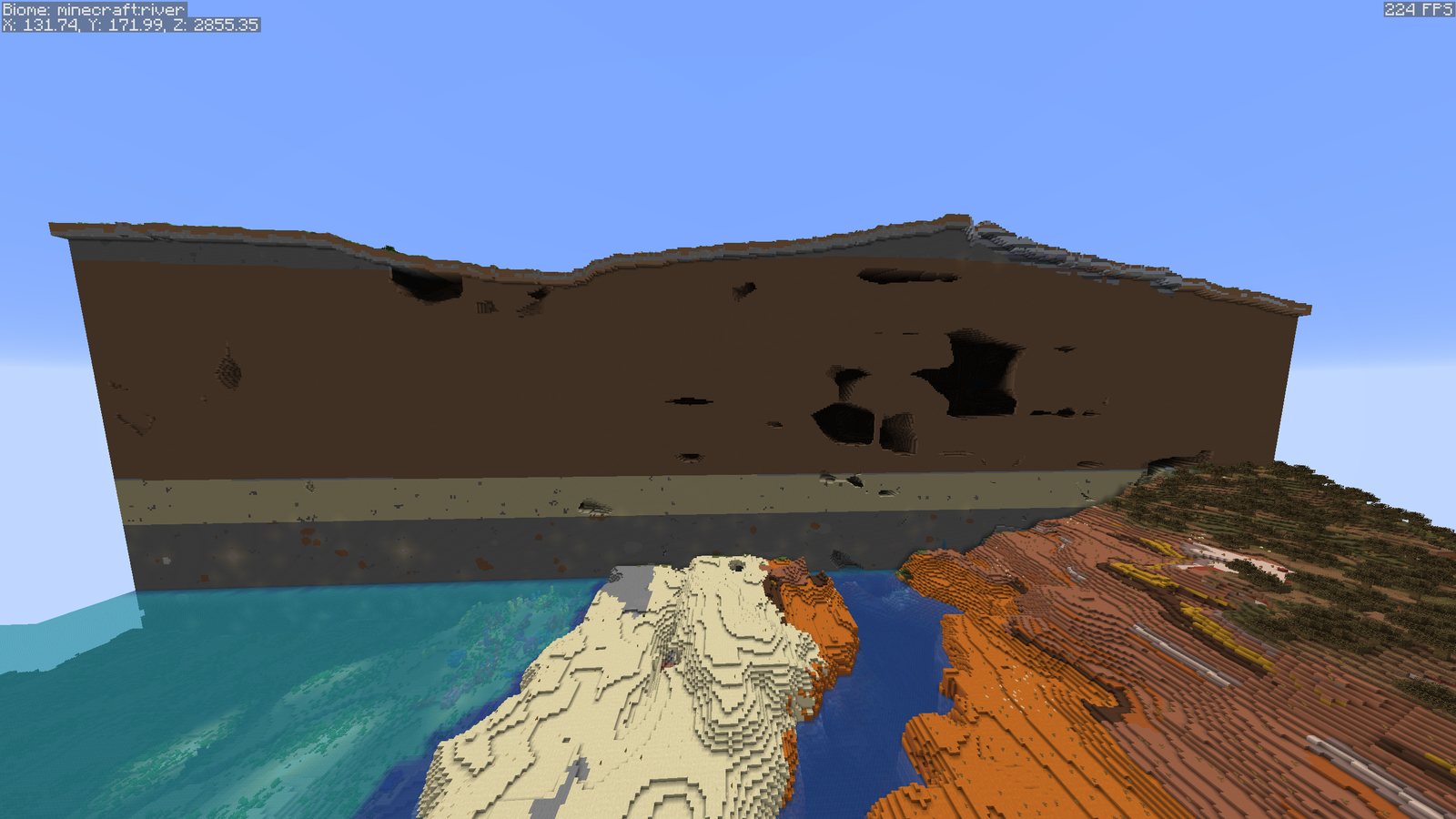 The edge of an early test world at the Dingli plateau: a brown band of Greensand about 120 blocks thick, with only a thin grey layer above and below it