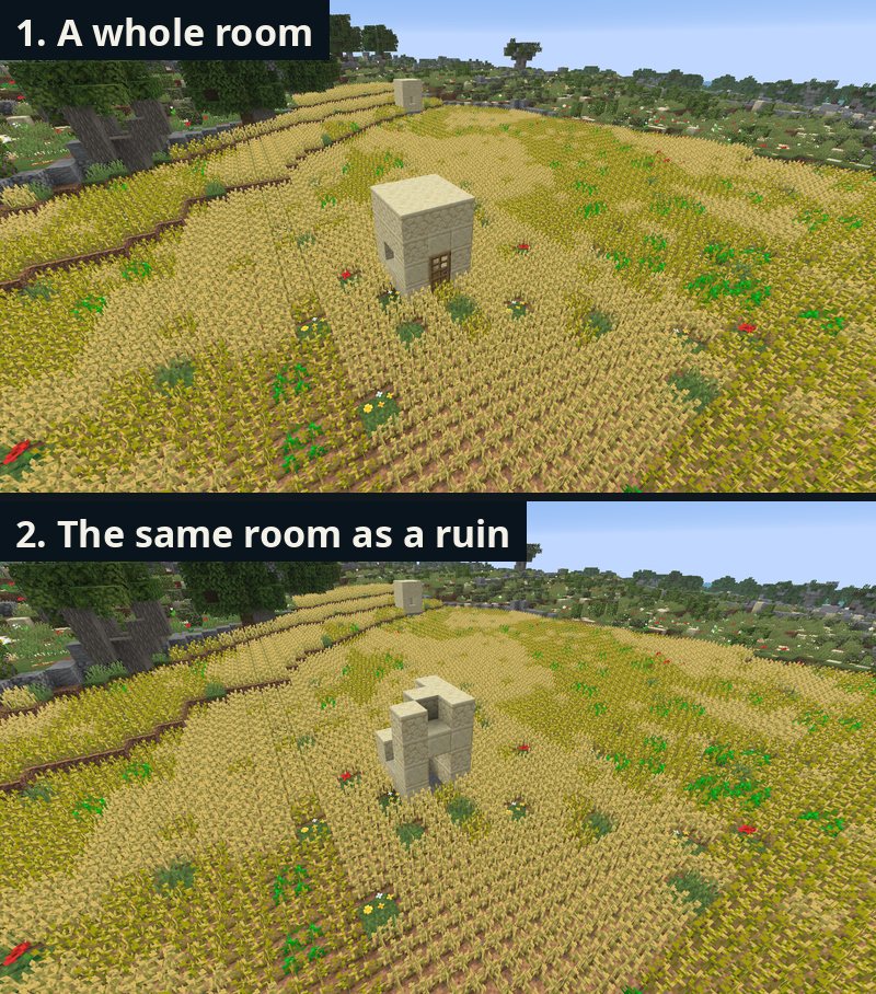 The same field room in two stages: 1. a whole room, 2. the same room as a ruin (older shots without shaders)