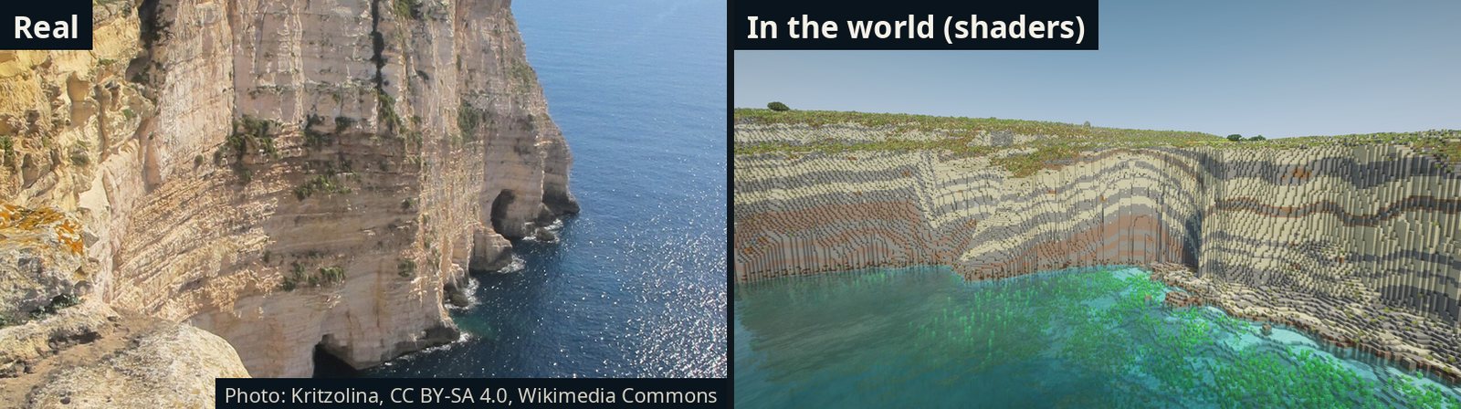 Ta' Ċenċ cliffs, real and in the game. Real photo: Kritzolina, CC BY-SA 4.0, Wikimedia Commons