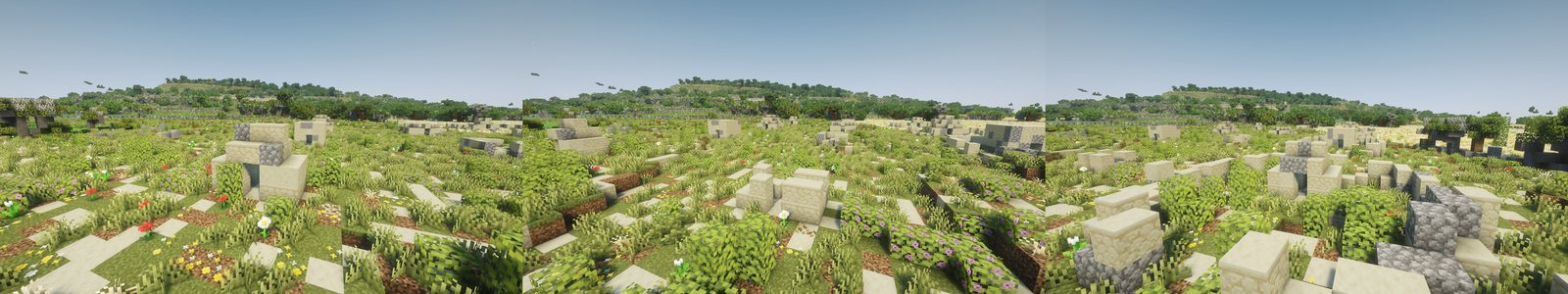 A small oval girna in Malta in Minecraft: whole (left), ruined (middle) and inside its enclosure (right)