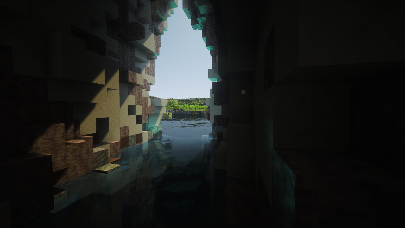 Inside the Inland Sea tunnel, looking back at the pointed arch and the lagoon