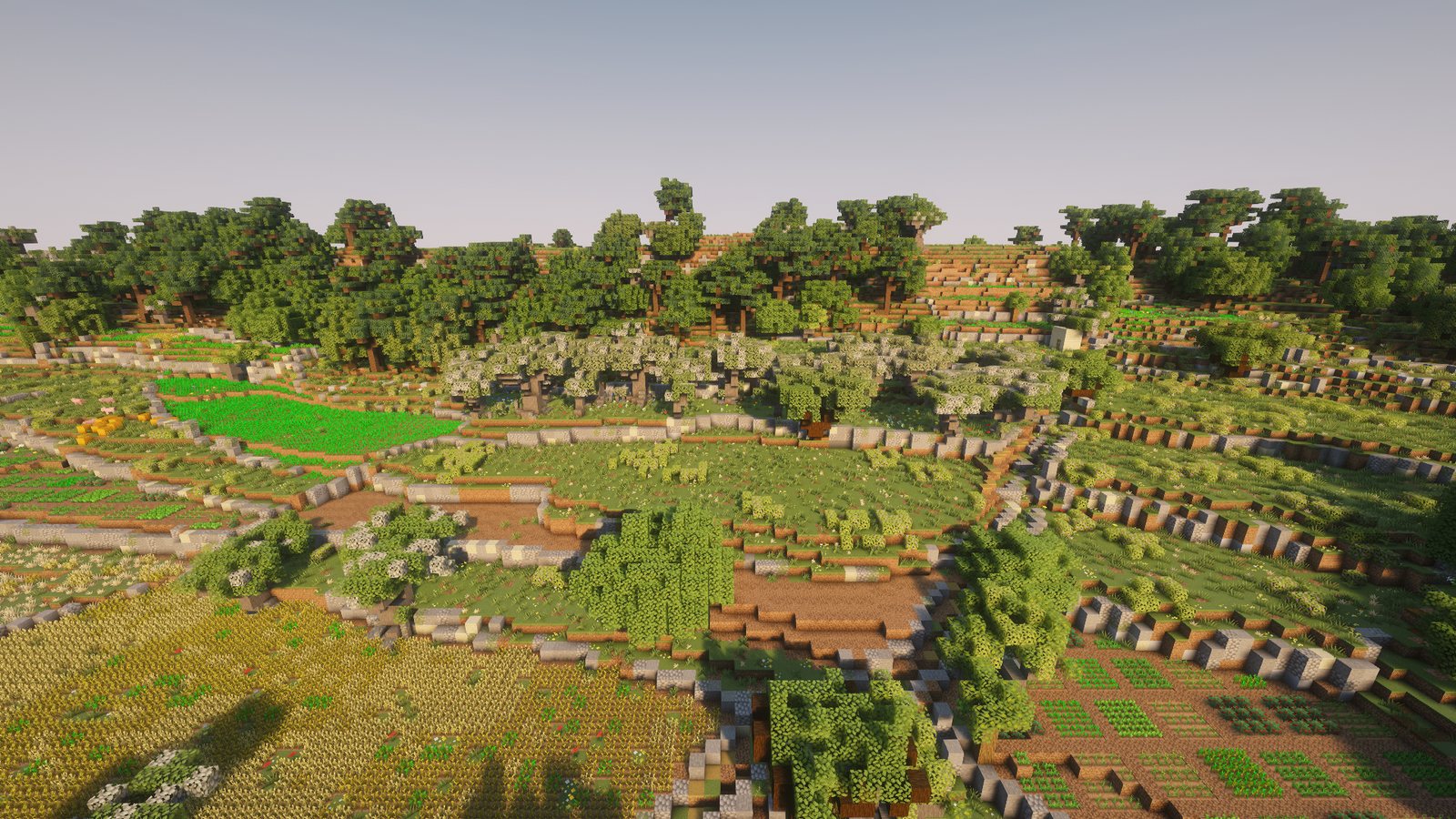 Terraced fields in north Gozo with an olive grove under a carob wood in Malta in Minecraft
