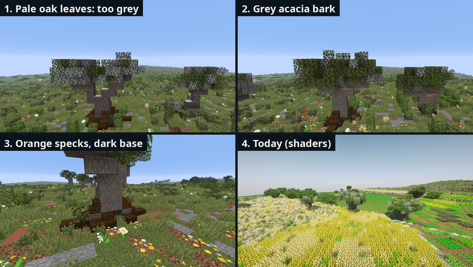 The olive in four stages: pale oak leaves, grey acacia bark, orange log-end specks, and today with shaders