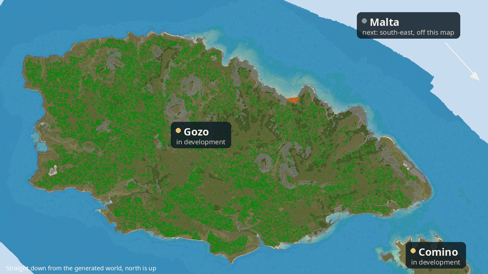 Map of Gozo and Comino seen straight down from the generated world, both marked in development, with Malta next