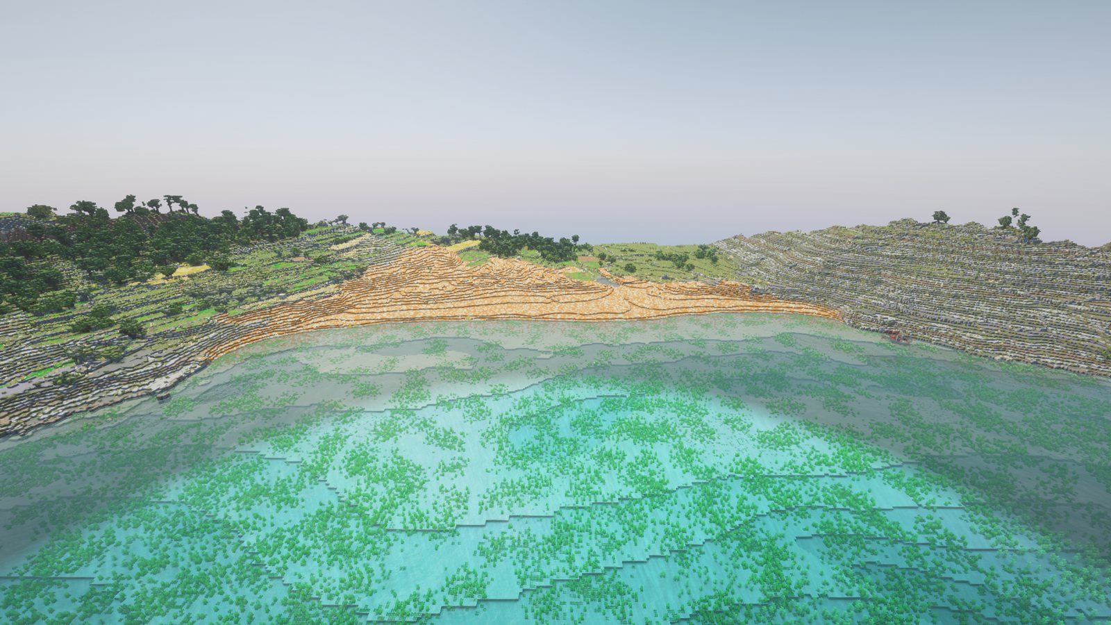 Ramla l-Ħamra from the bay in Malta in Minecraft (shaders, test area)