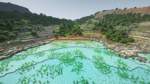San Blas bay in Gozo from the sea in Malta in Minecraft (shaders, test area)